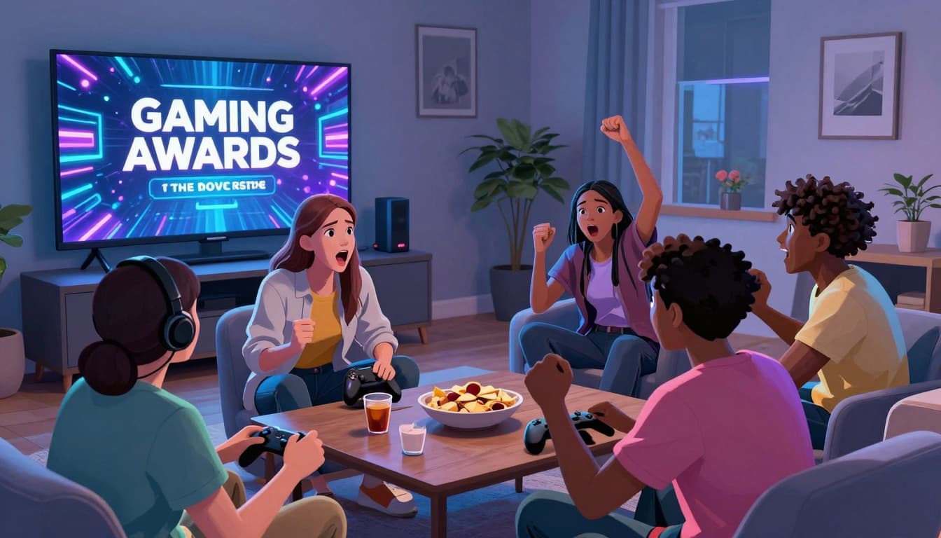 Gamers in a cozy living room reacting to a gaming awards show on TV
