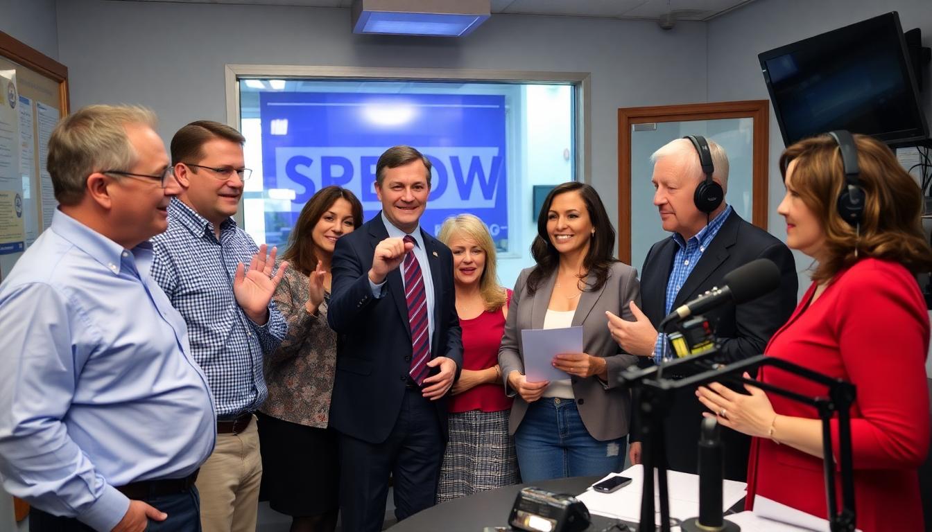 Diverse local news team saying farewell inside a small radio station studio