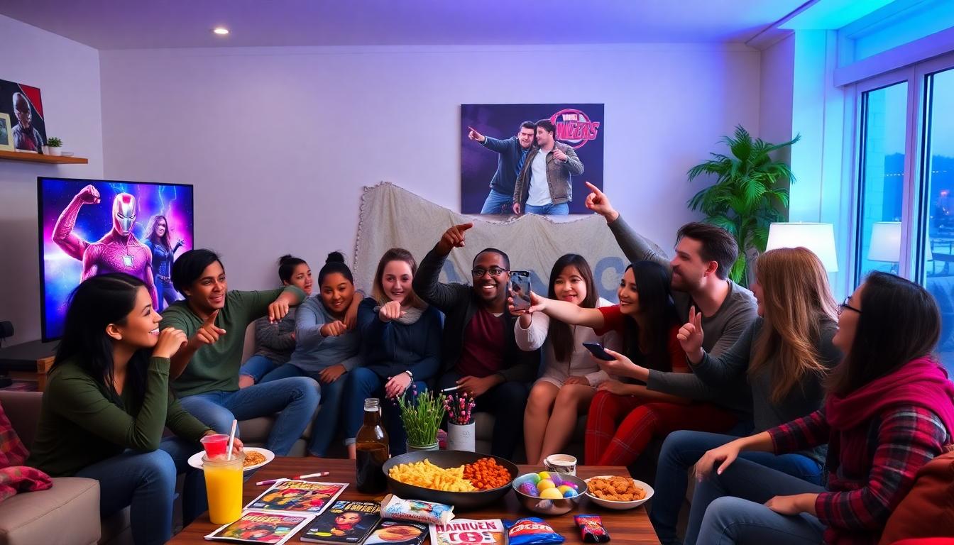 Diverse group of Marvel fans at a living room watch party, excitedly pointing to TV Easter eggs about missing MCU characters, comics and snacks on table, dynamic and festive Marvel energy.