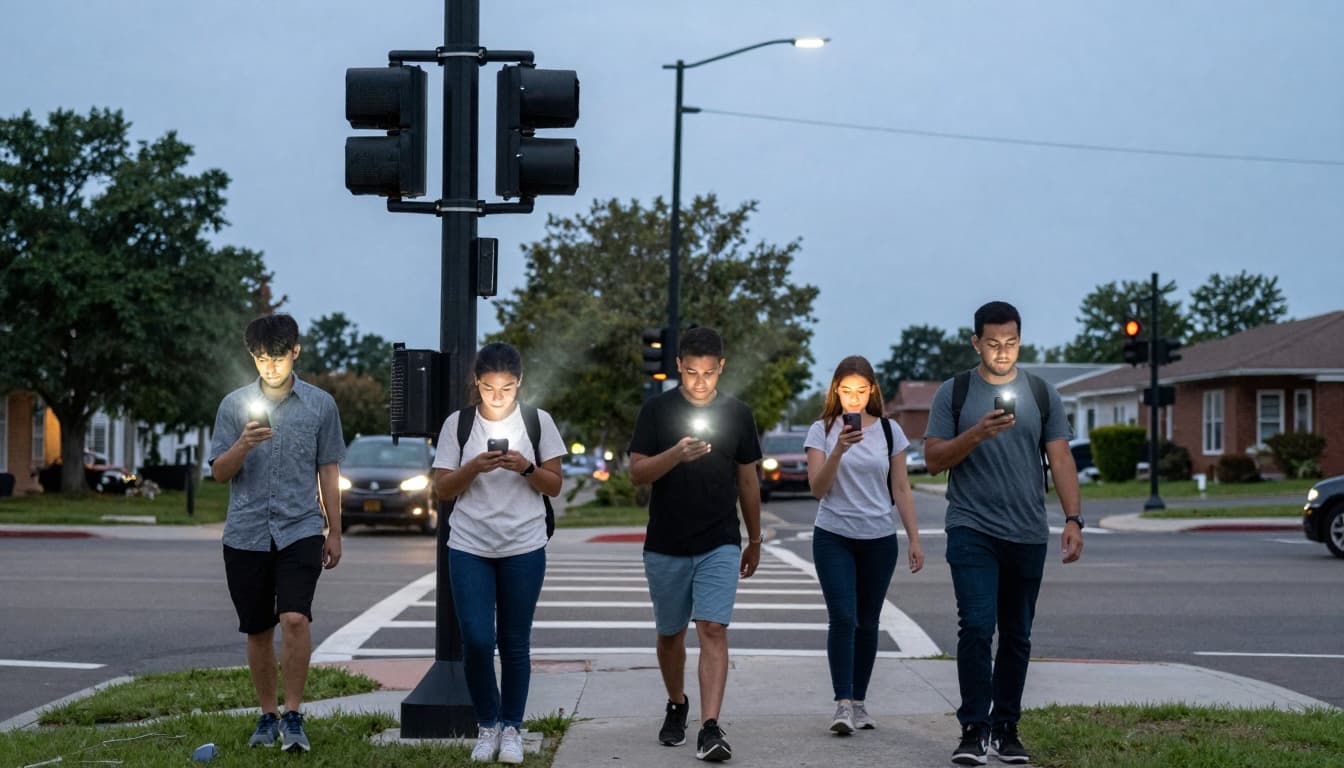 Pedestrians using phone flashlights near an intersection with dark traffic signals during a power outage