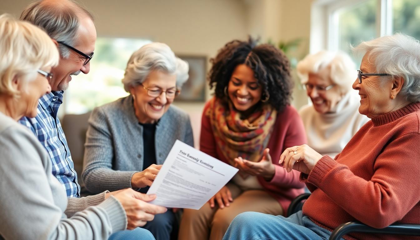 Group of diverse older adults and people with disabilities at a community center, examining a letter and Social Security check, smiling and discussing.
