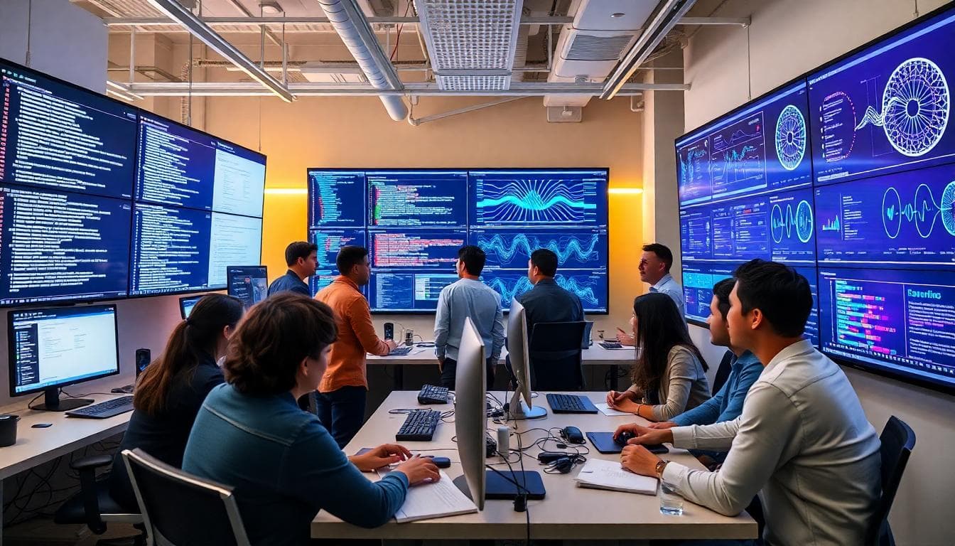 Team of software engineers and data scientists collaborating on AI models in a modern office