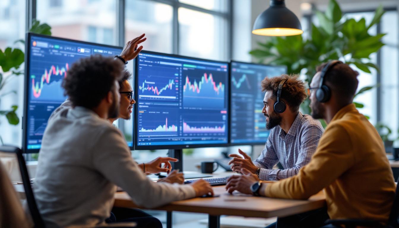 A diverse team of professionals collaborating around screens showing Perplexity AI’s crypto insights and live graphs.