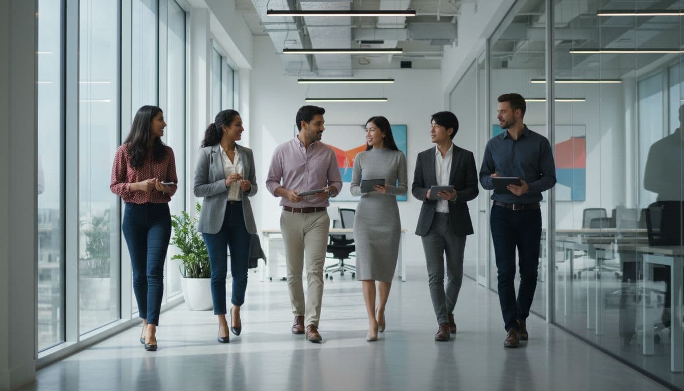 Diverse professionals walking in an office hallway, representing high-skilled immigration workforce