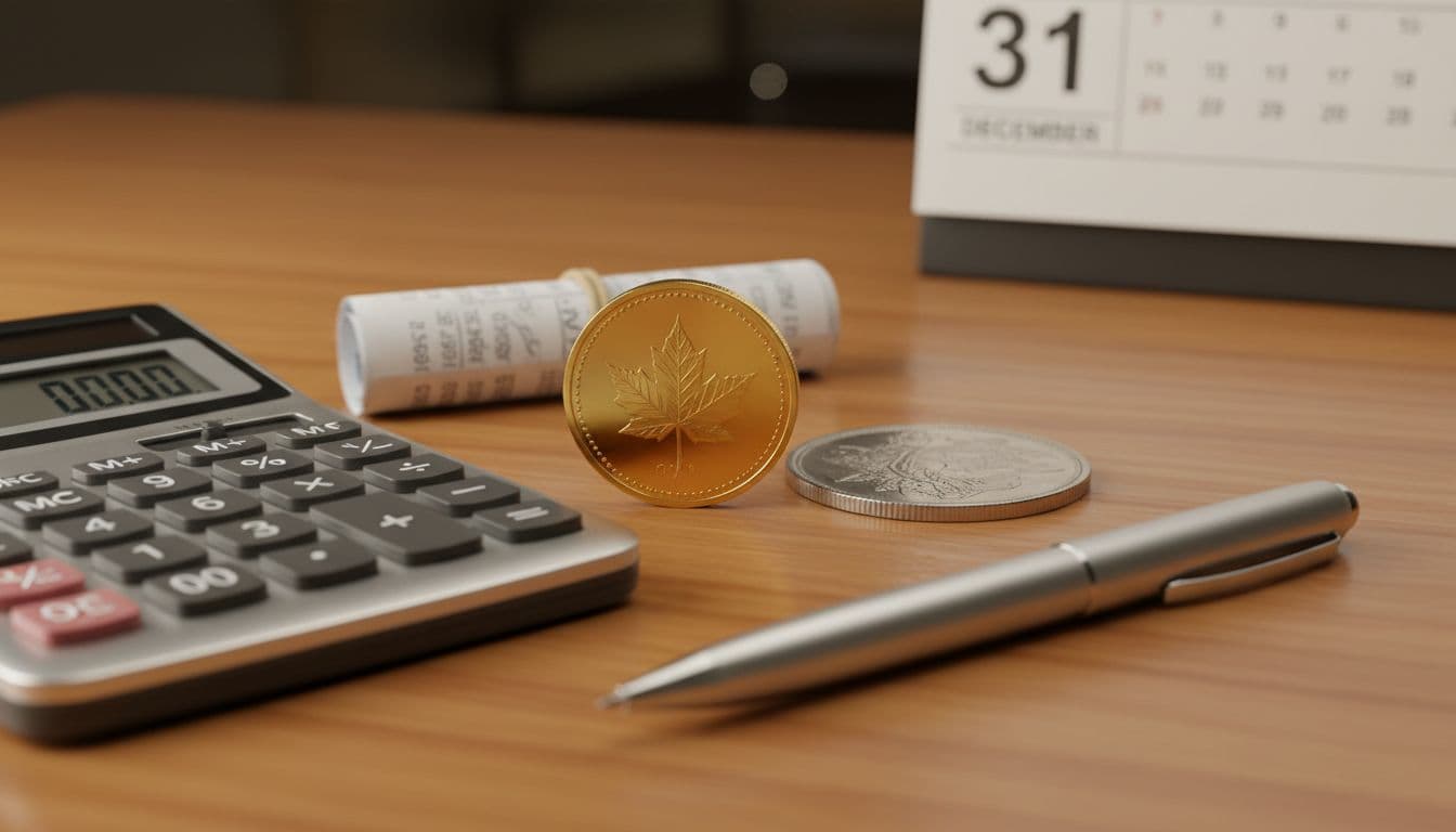 Gold and silver coins next to bonds, calculator, and pen representing portfolio diversification