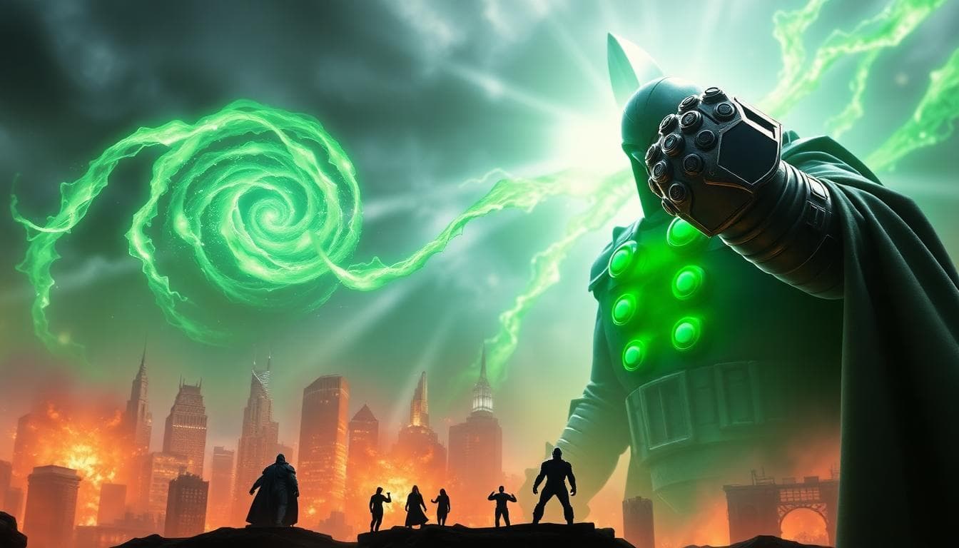 Channing Tatum Teases Gambit’s Return in Avengers: Doomsday 2 Doctor Doom looming over a collapsing city with green energy swirling in the sky