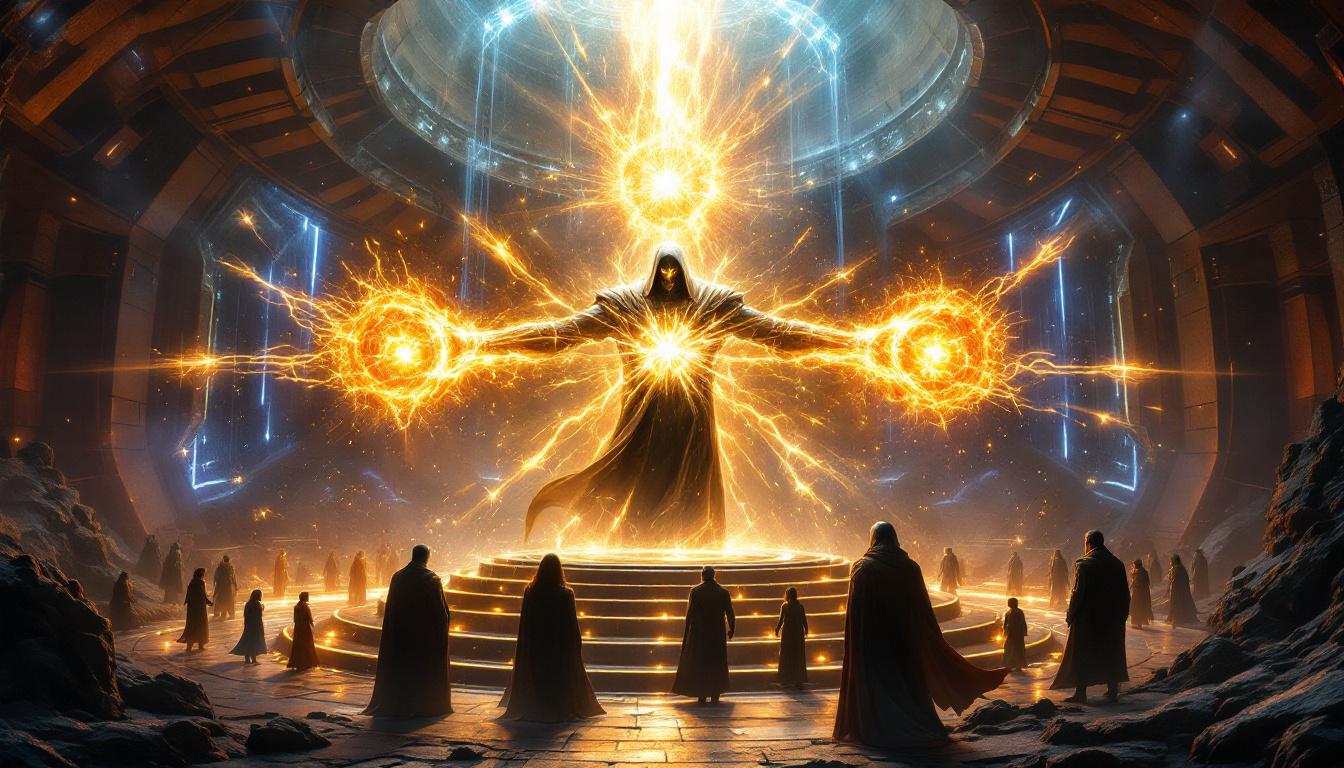 Doctor Doom manipulating cosmic energy inside a futuristic chamber, with multiversal rifts opening, shadows of heroes facing him, epic Marvel tone, landscape