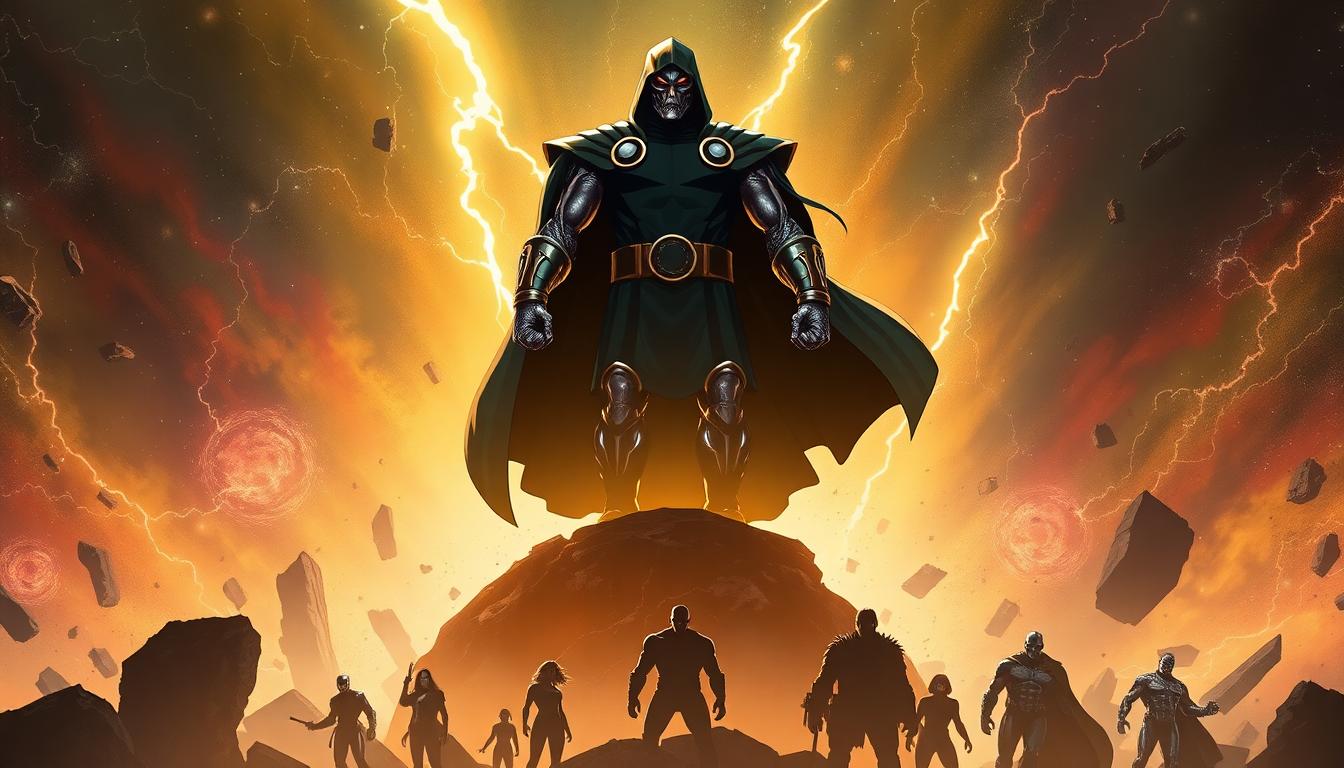 Spider-Man’s Villains vs. The Fantastic Four’s Rogues Gallery: Why Impact Matters in Marve 4 Doctor Doom standing atop a crumbling multiverse, Marvel heroes in shadow below, visual metaphor for narrative complexity and cosmic threat