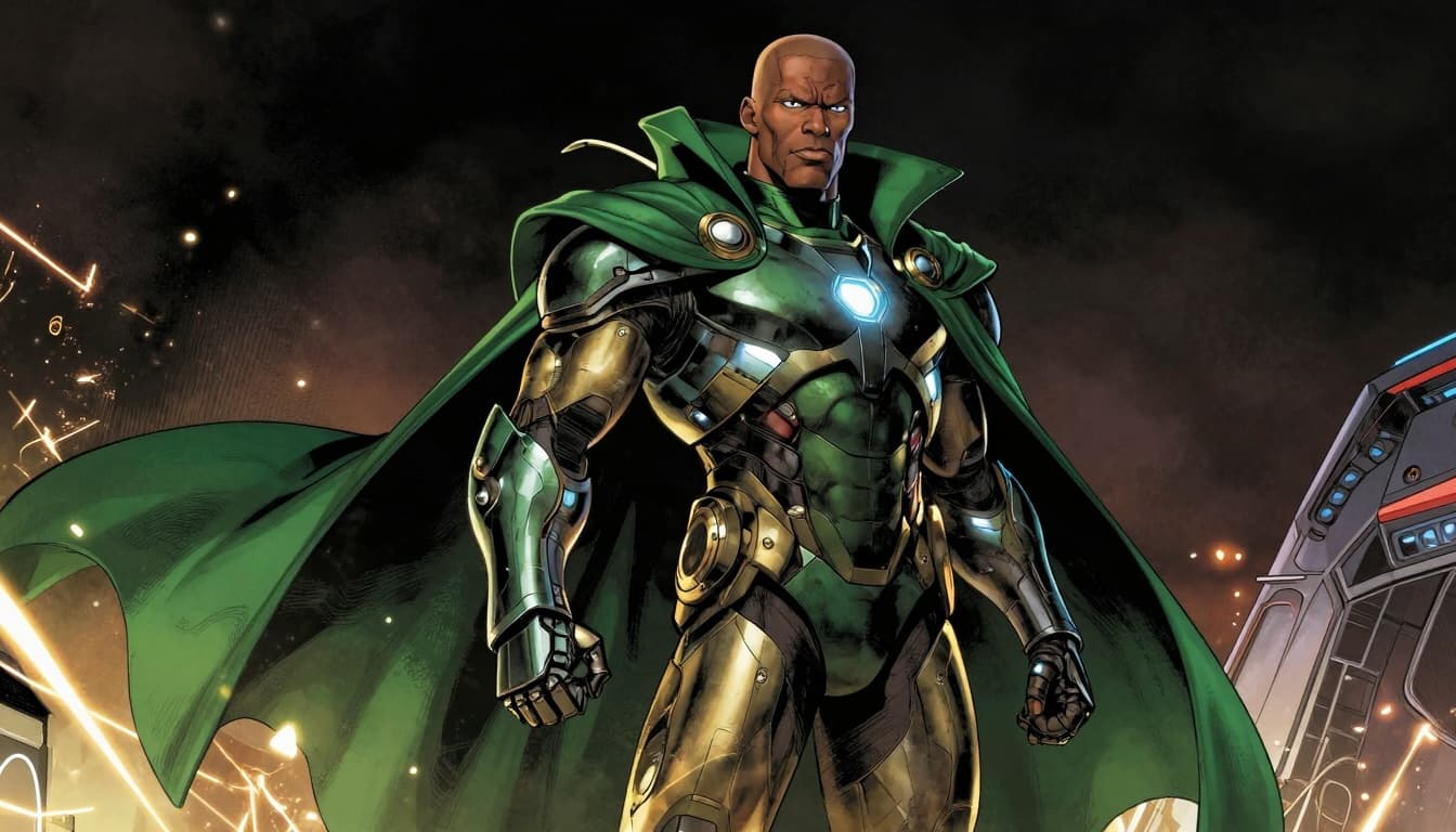 Comic-style art of Doctor Doom in high-tech armor with a flowing green cloak