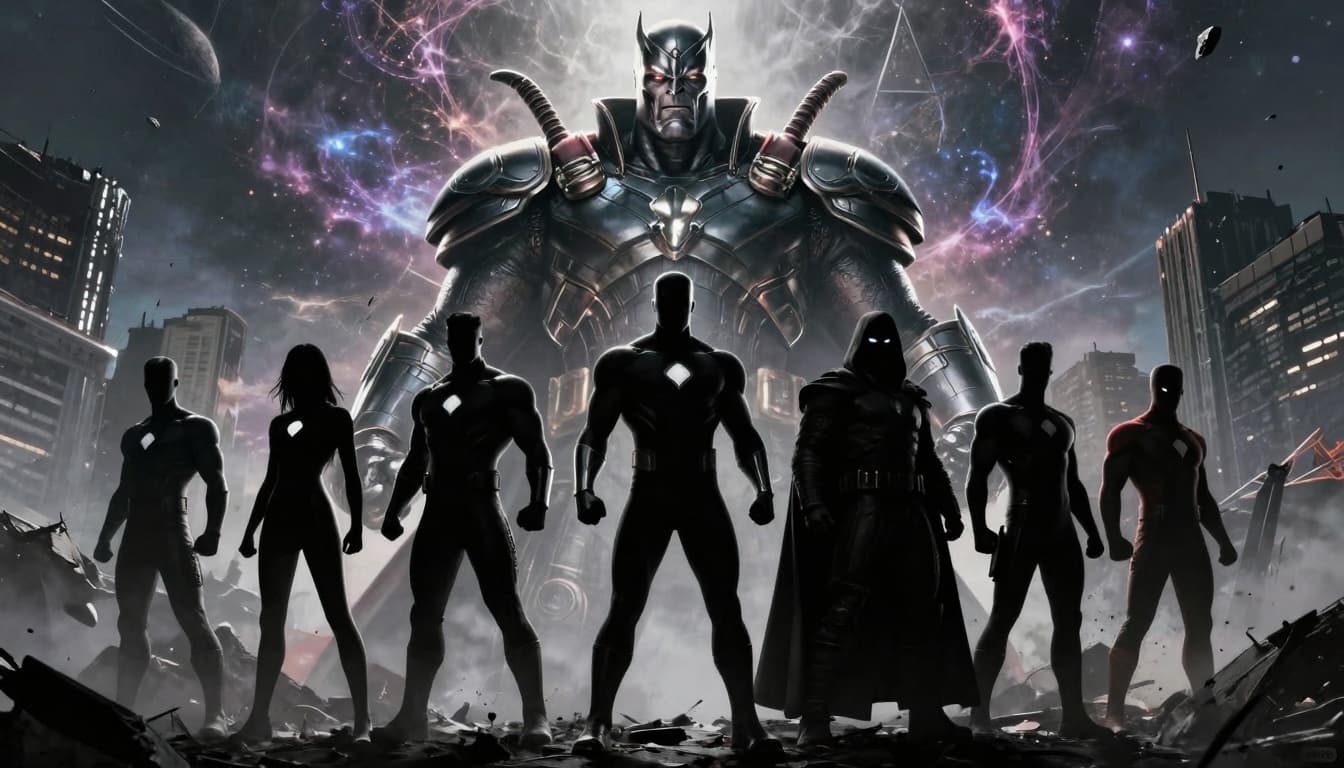 Marvel Confirms Doctor Doom’s 2 Main Powers In The MCU 2 Armored villain looming over silhouettes of multiple superheroes ready to fight