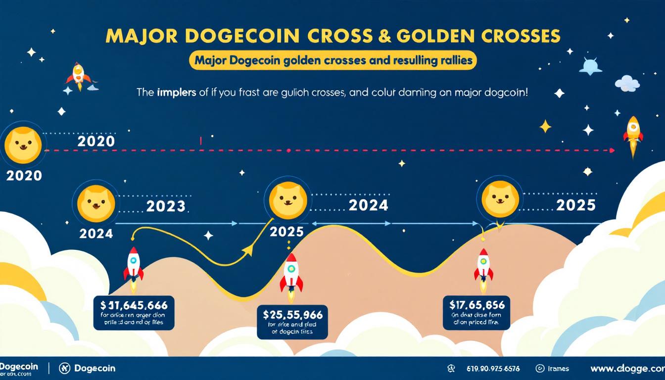 Infographic: Timeline of major Dogecoin golden crosses and resulting rallies (2020, 2023, 2024, 2025), key price spikes, rocket icons