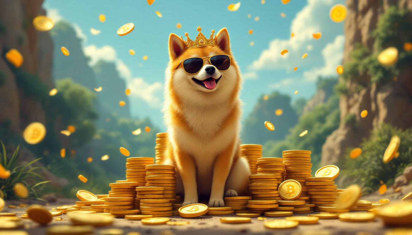 Dogecoin meme dog with sunglasses celebrating on a pile of golden DOGE coins, confetti in the air, playful and upbeat cartoon art, landscape format