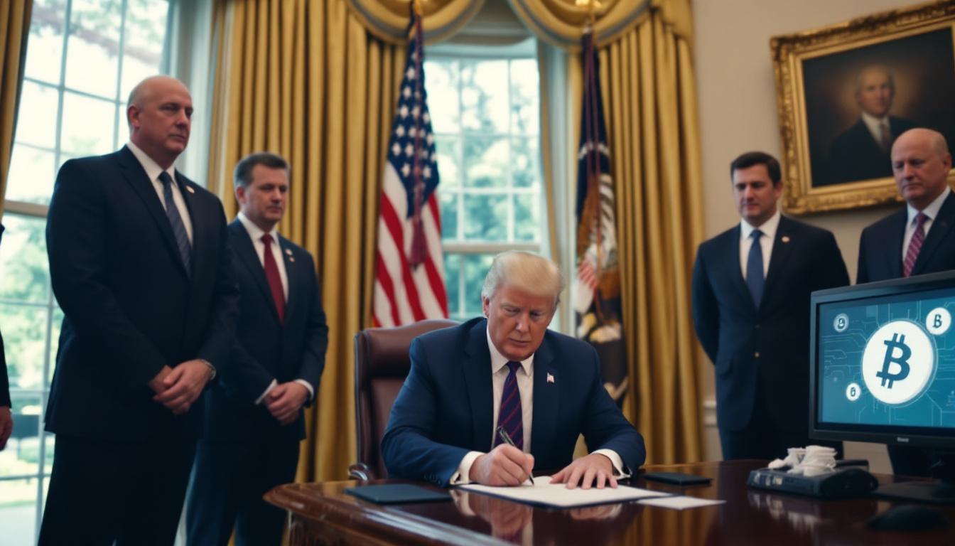 Bitcoin Smashes Record High: Why Institutional Demand and U.S. Policy Are Fueling the Crypto Surge 3 Inside image 2: US President Donald Trump signs a crypto executive order in the Oval Office, with White House advisers and digital currency symbols displayed on nearby monitors.