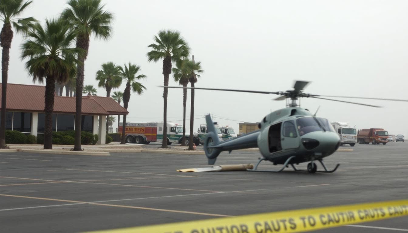 Huntington Beach Helicopter Crash: 5 Hospitalized After Parking Lot Incident 2 Ground-level scene of a downed helicopter near palm trees and a low building with caution tape