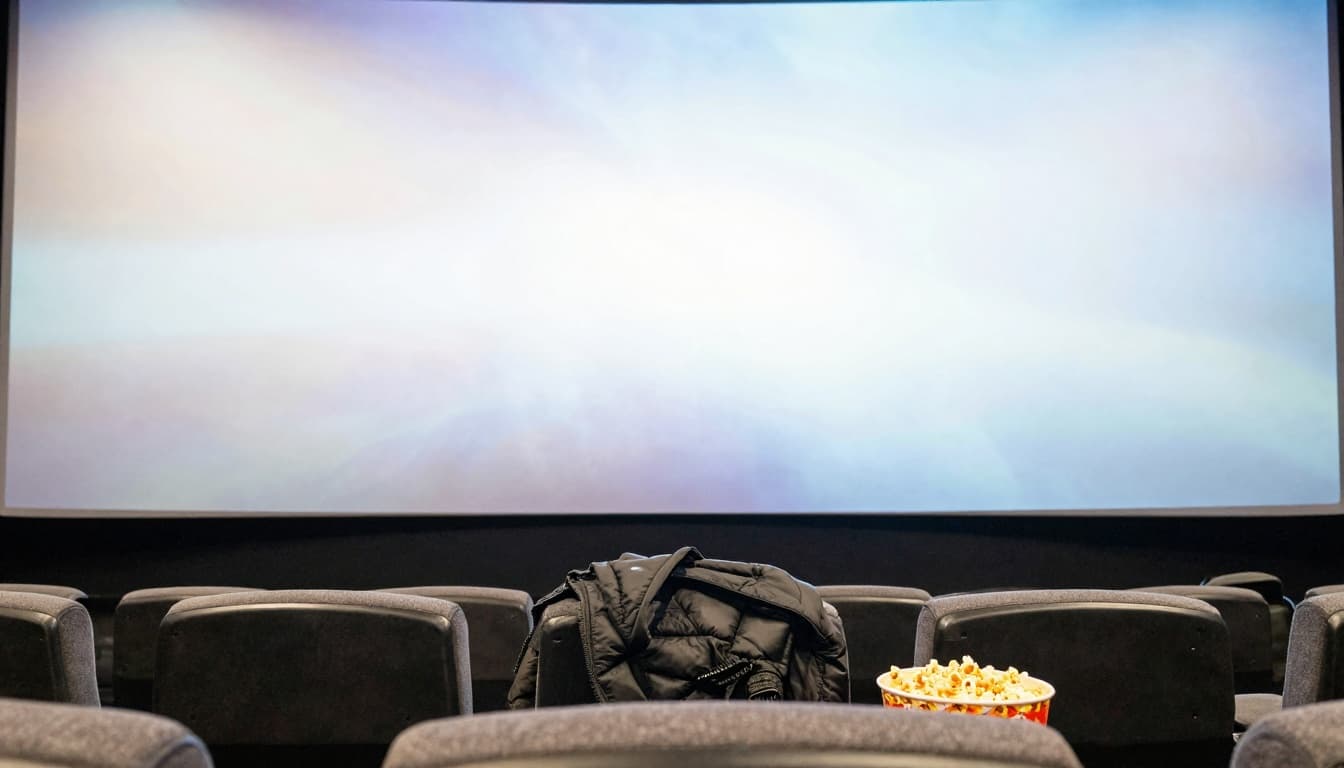 Dramatic empty movie theater with glowing screen and popcorn