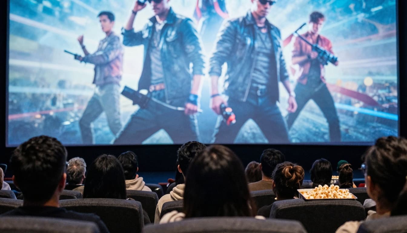 Movie theater crowd watching a trailer on the big screen