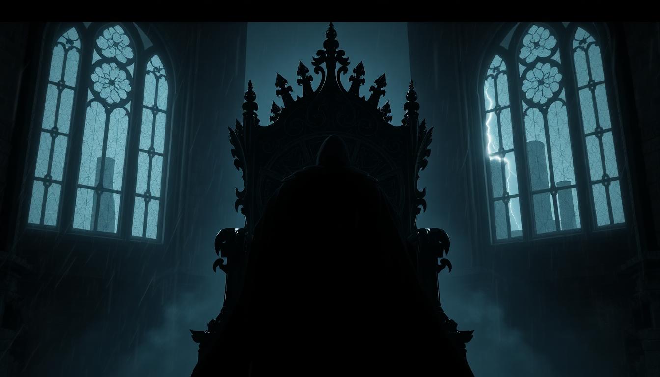 Doctor Doom Hype Surges After Shanghai Expo Teases: What RDJ Rumors Mean for Marvel’s Next Era 4 Silhouette of a caped figure seated on a heavy metal throne in a storm-lit castle hall
