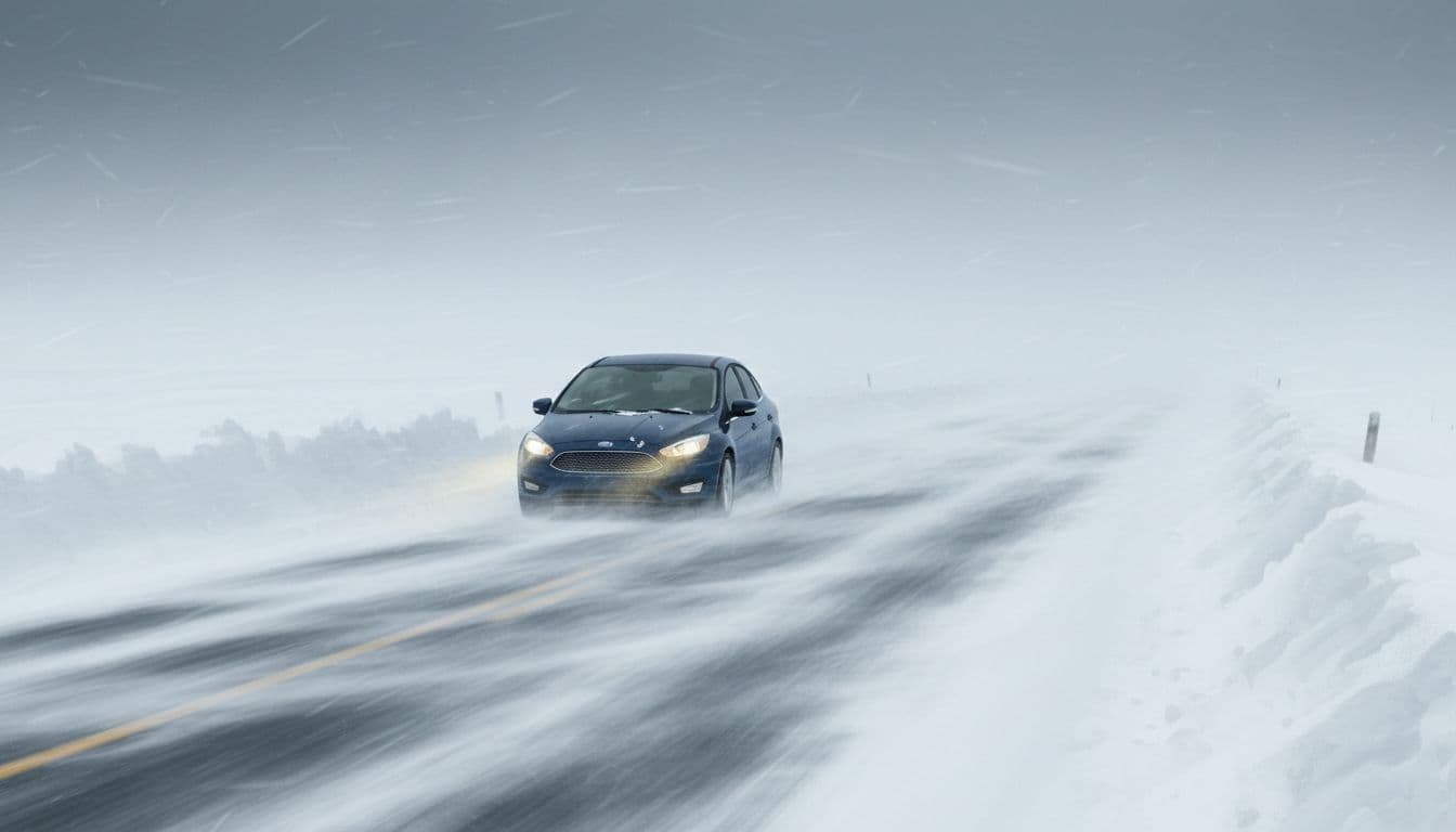 Rural road during a blizzard with low visibility and blowing snow