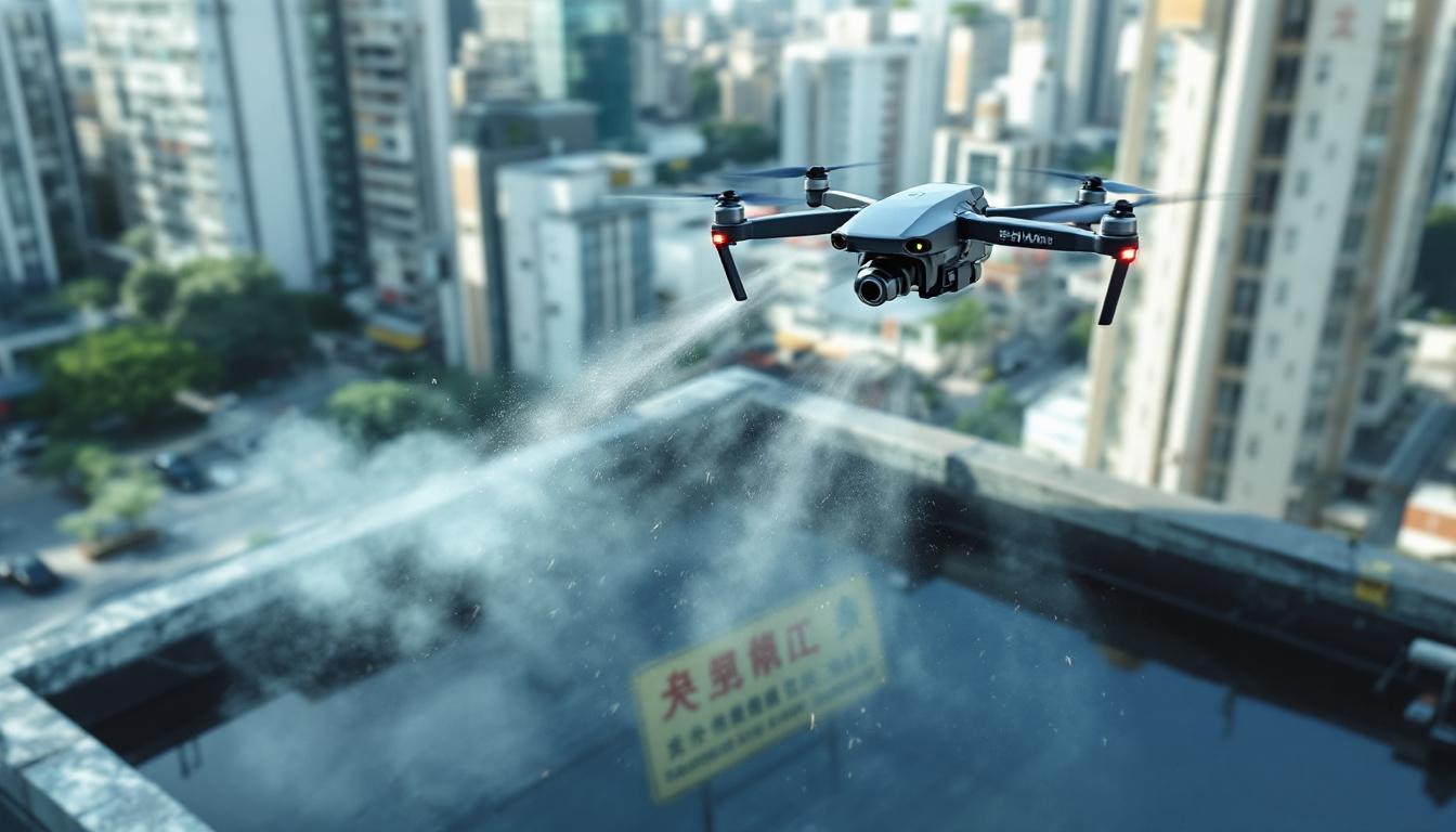 Drone flies over urban rooftop spraying insecticide on standing water, cityscape below, Chinese characters on warning signs, modern public health effort