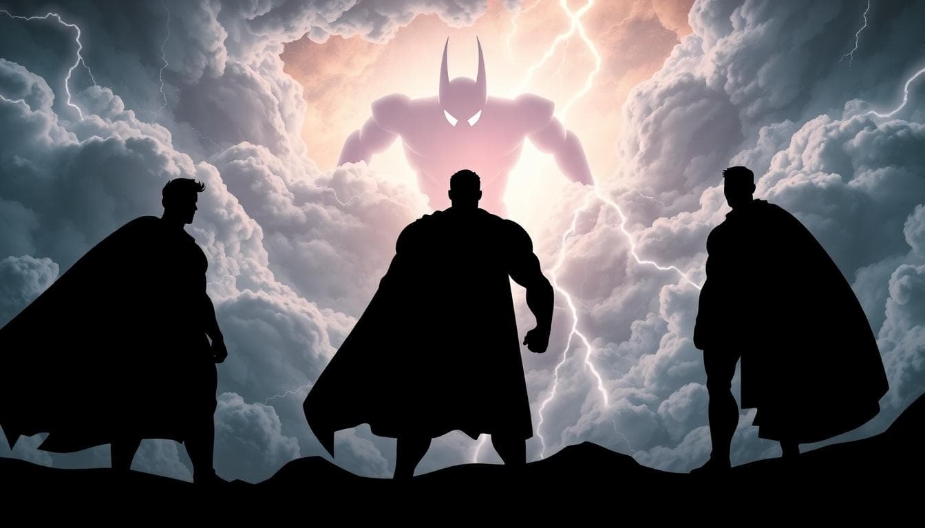 Mark Ruffalo Explains Why He Wasn’t in the Avengers: Doomsday Cast Reveal 4 Comic-style silhouette of a superhero team facing a stormy sky and looming villain shape