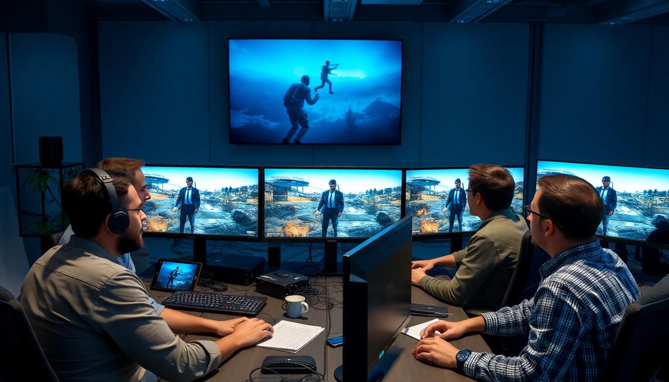 EA game studio developers in a high-tech workspace discussing Battlefield 6 gameplay on monitors, planning multiplayer features, strategy-focused atmosphere.