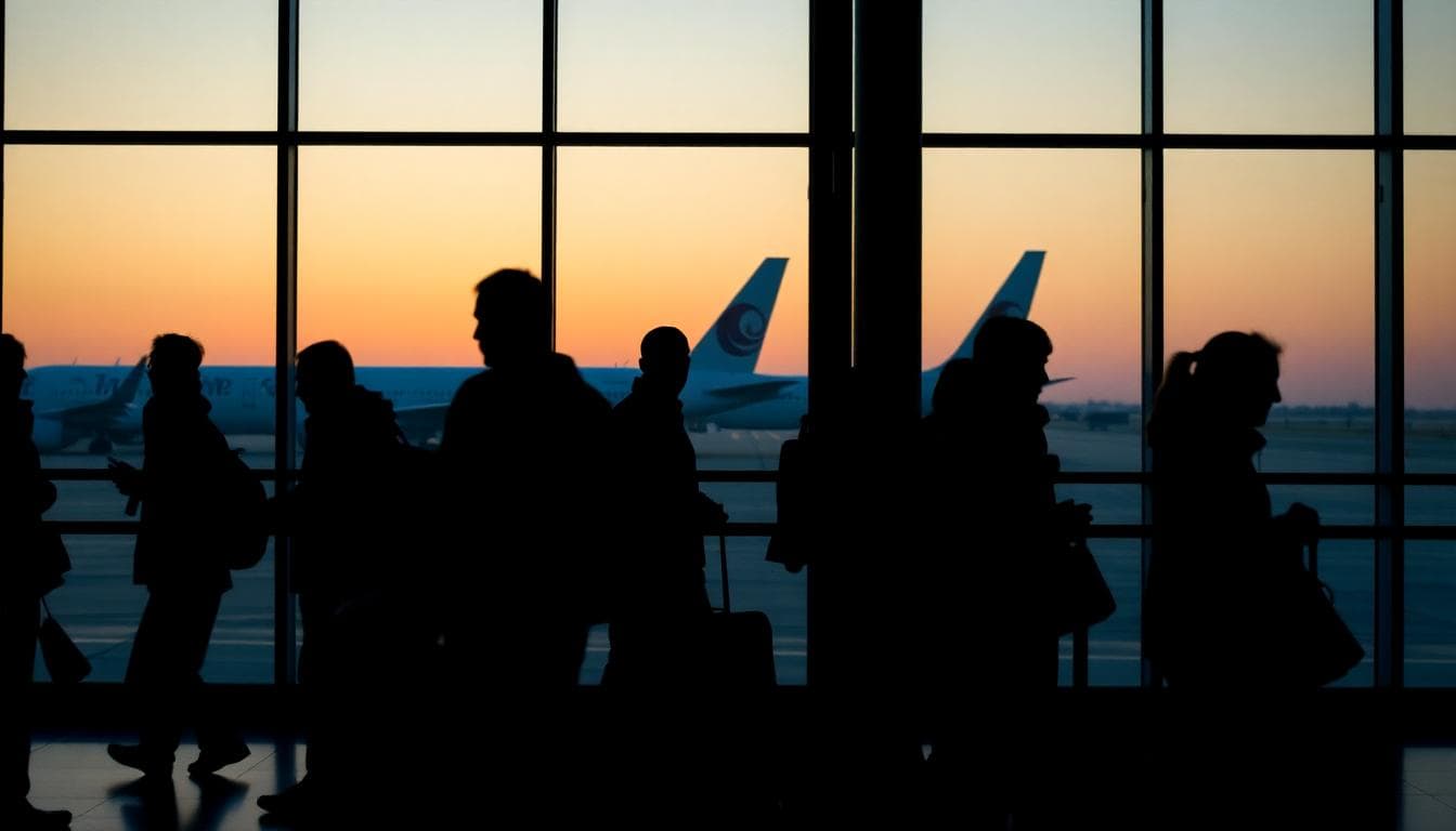 Early morning boarding line at an airport gate