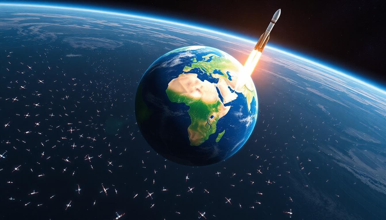 Visualization of Earth in orbit surrounded by many satellites and rockets heading upward into space