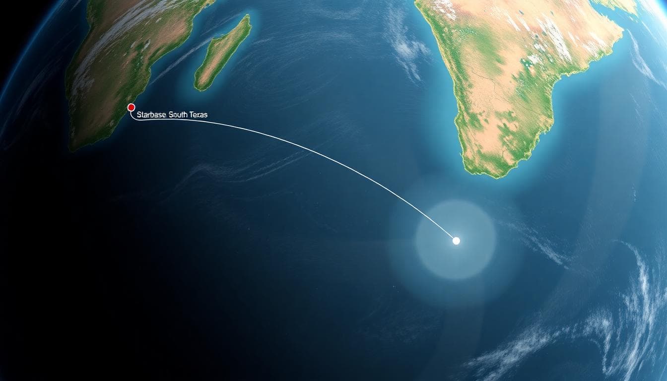 Map of Earth showing Starship path from Texas to Indian Ocean splashdown zone