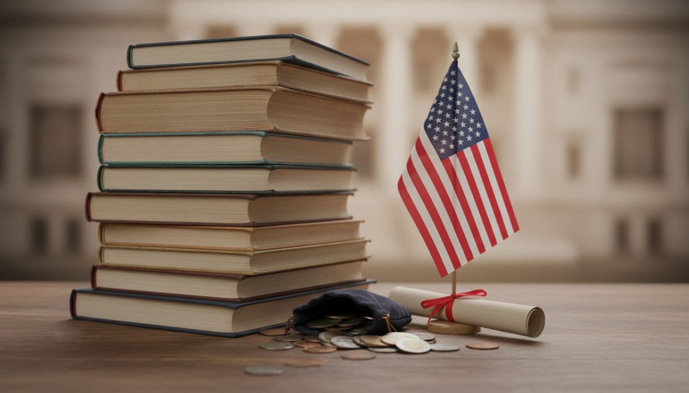 Stack of school textbooks, coins, and a small U.S. flag symbolizing education funding policy