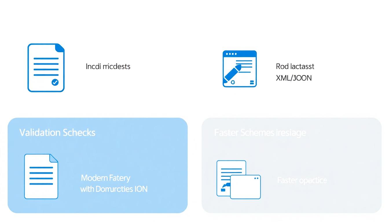 Infographic icons for e-filing, validation checks, digital signatures, schemas, and faster processing