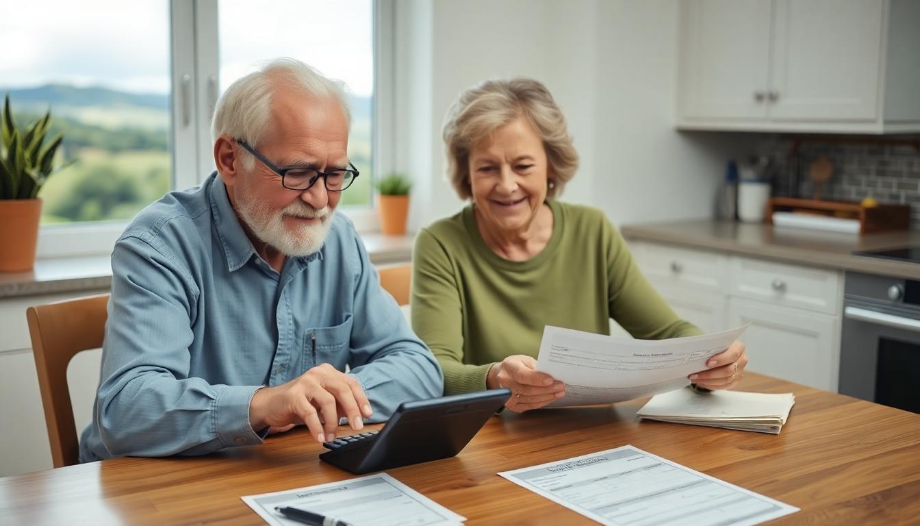Elderly couple at the kitchen table budgeting together, calculator, paperwork, and Social Security check on the table, hopeful and practical atmosphere.