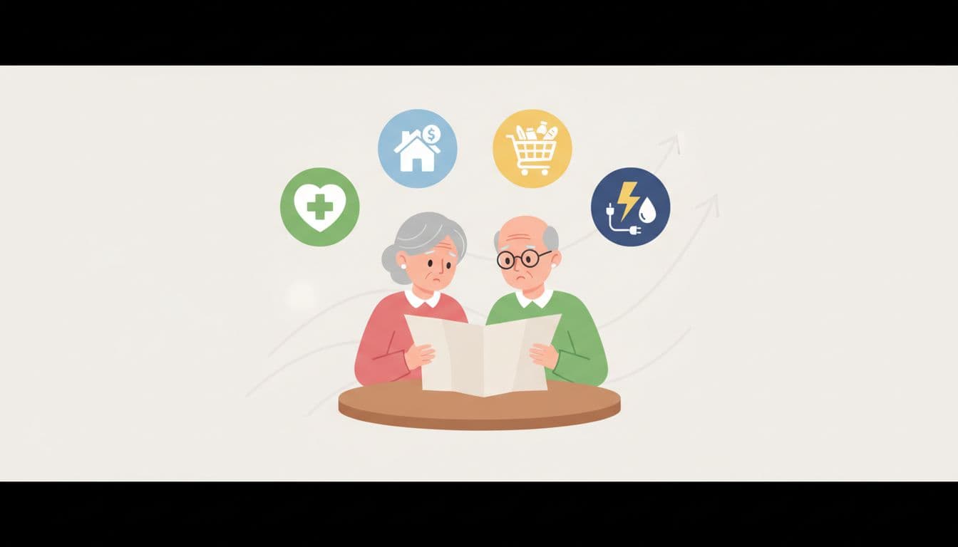 Elderly couple looking at bills surrounded by icons of rising costs