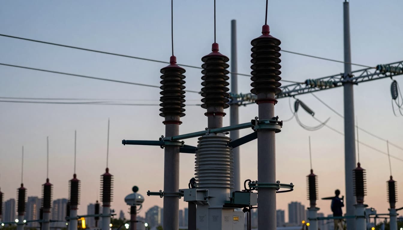Electrical substation and power lines at dusk with a utility worker silhouette