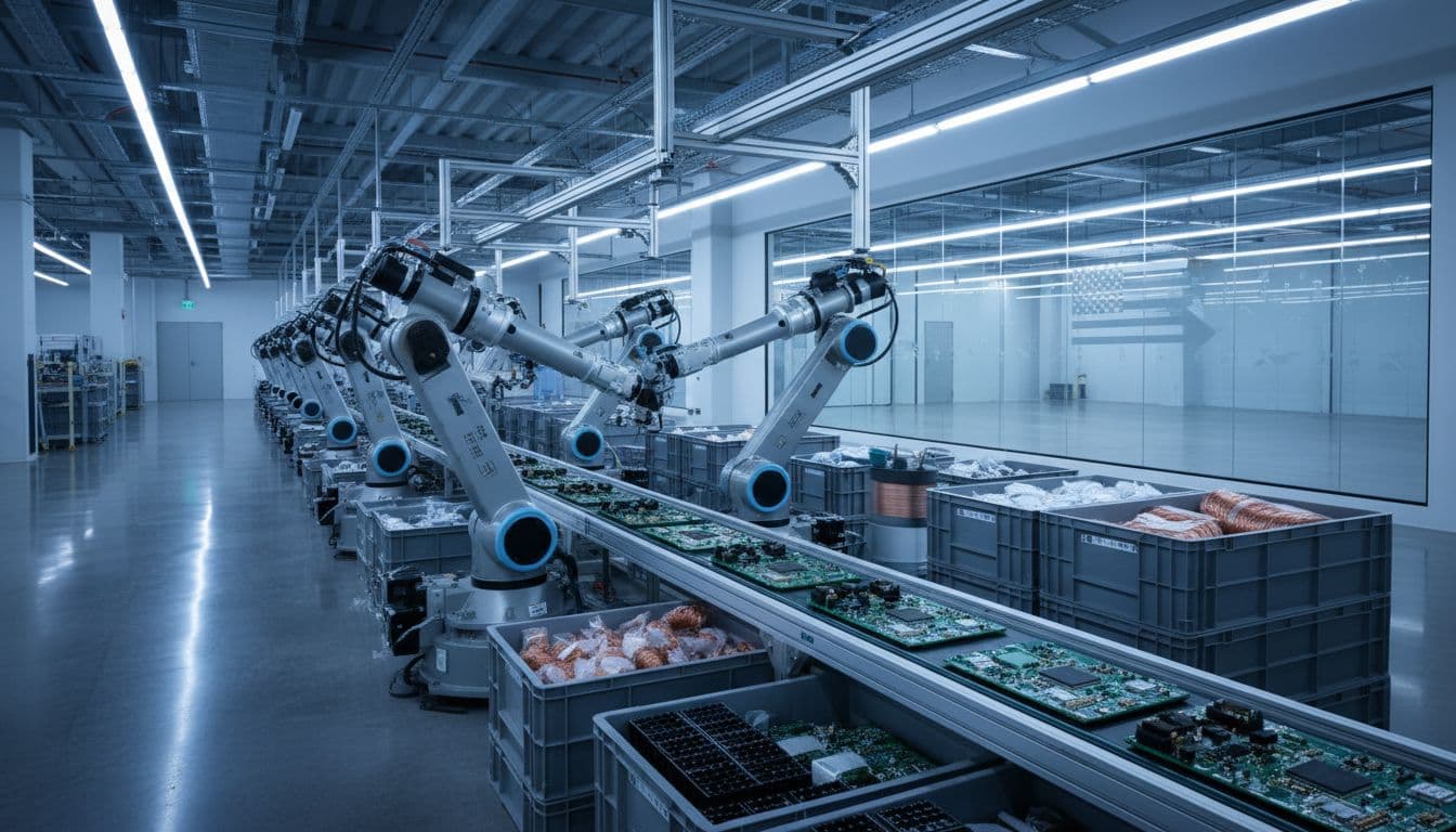 Electronics assembly line with circuit boards and robotic arms, representing the challenges of building smartphones domestically