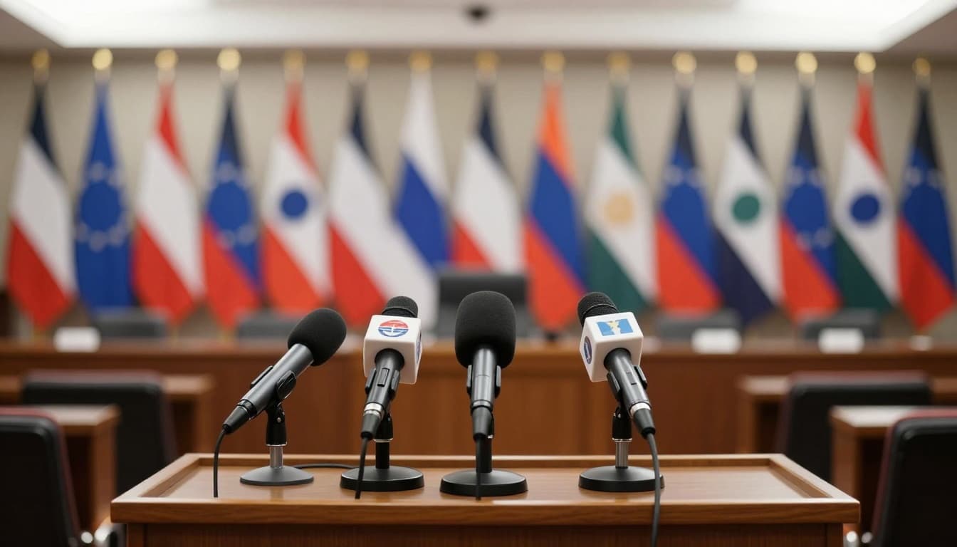 Press briefing room with microphones on a podium suggesting official statements and questions