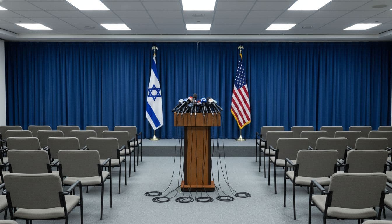 Empty press briefing room with microphones and flags
