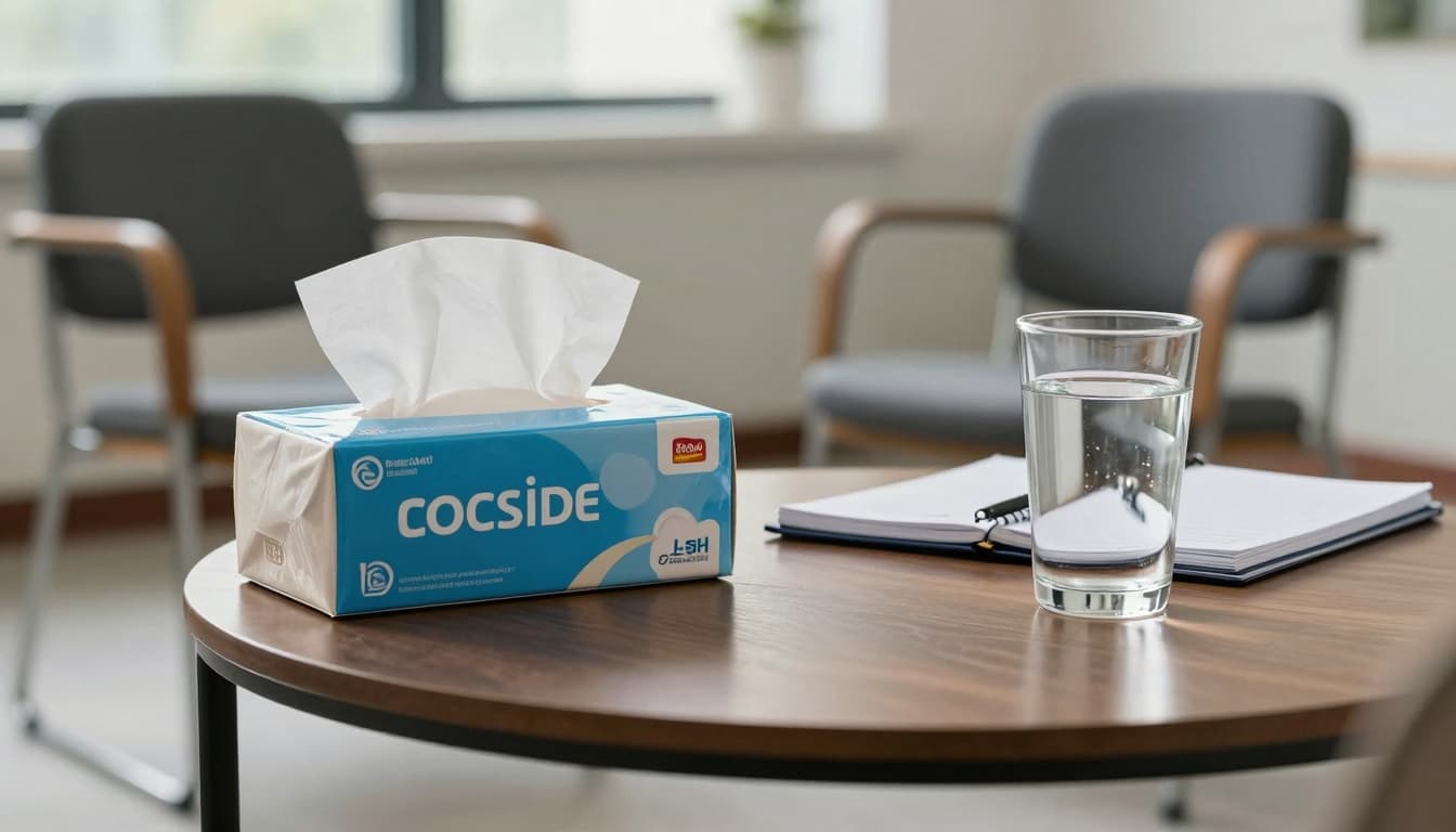 School counseling office with tissues and chairs, calm supportive setting