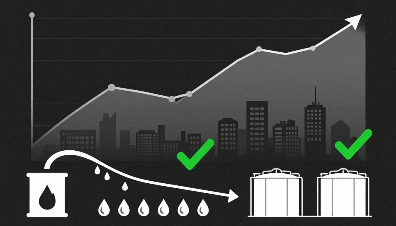 Diagram-style illustration showing a steady flow of fuel from source to city, symbolizing energy security
