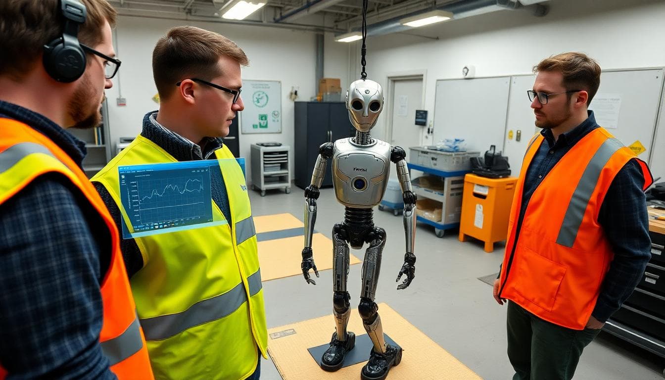 Russian Humanoid Robot Falls During Hyped Debut: What It Really Means for AI and Robotics 3 Engineers calibrating a humanoid robot on a tether inside a lab