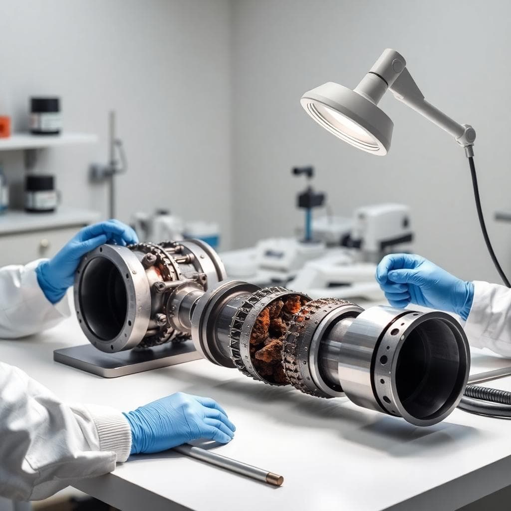 Technical lab table with scorched components and instruments being examined by engineers