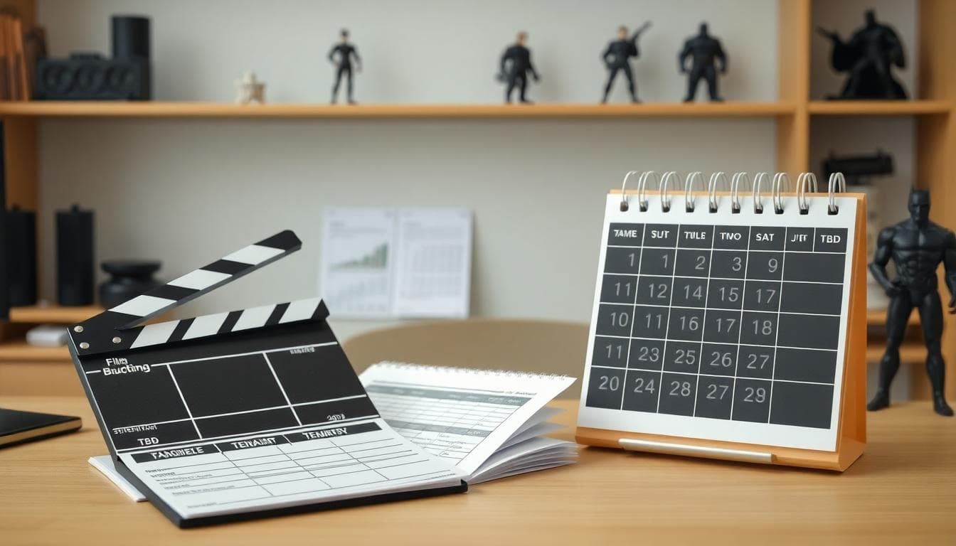 Film clapperboard on a desk with budgeting sheets and a TBD calendar