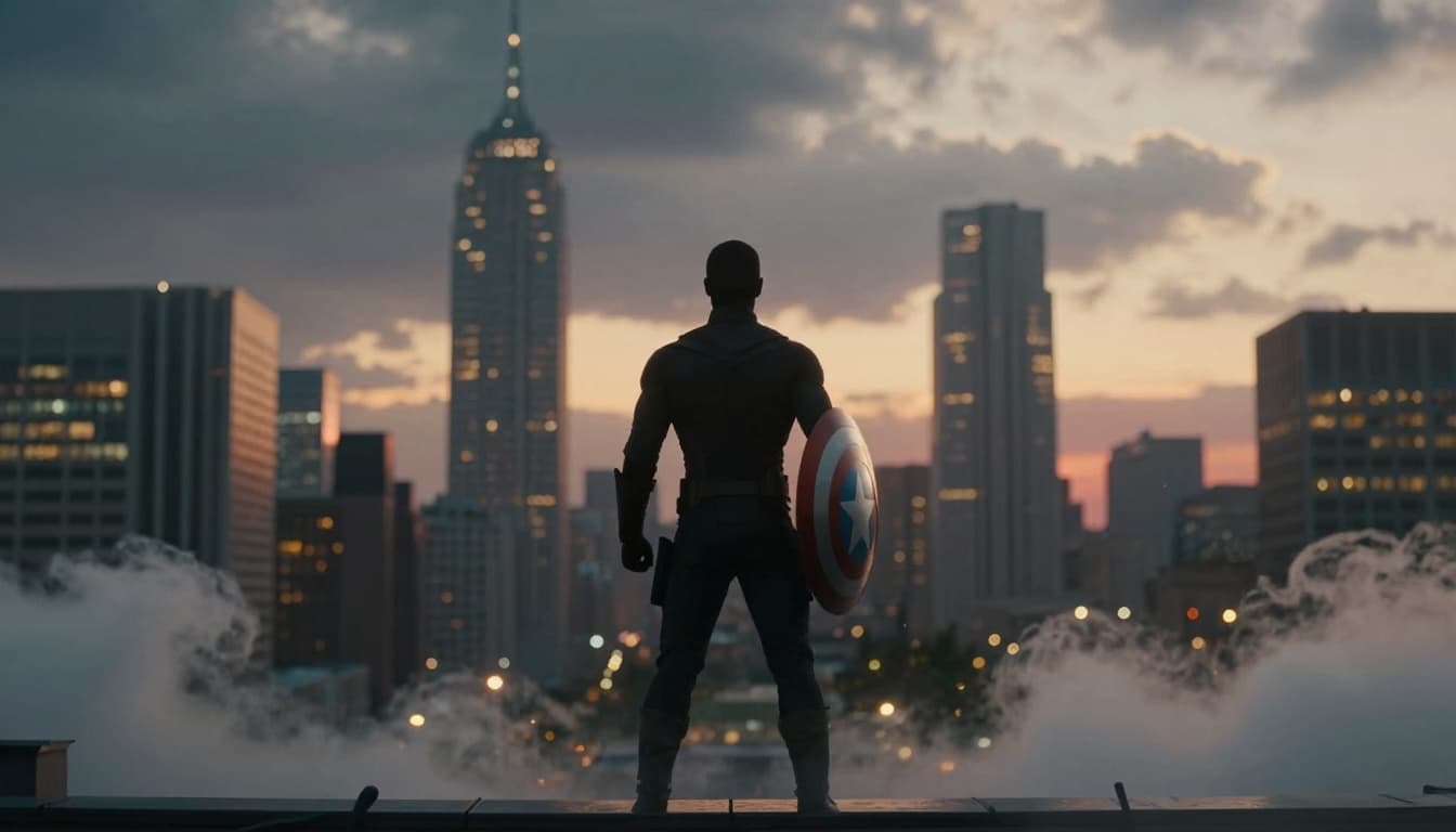 Cinematic silhouette of a heroic figure holding a generic round shield on a rooftop at sunset