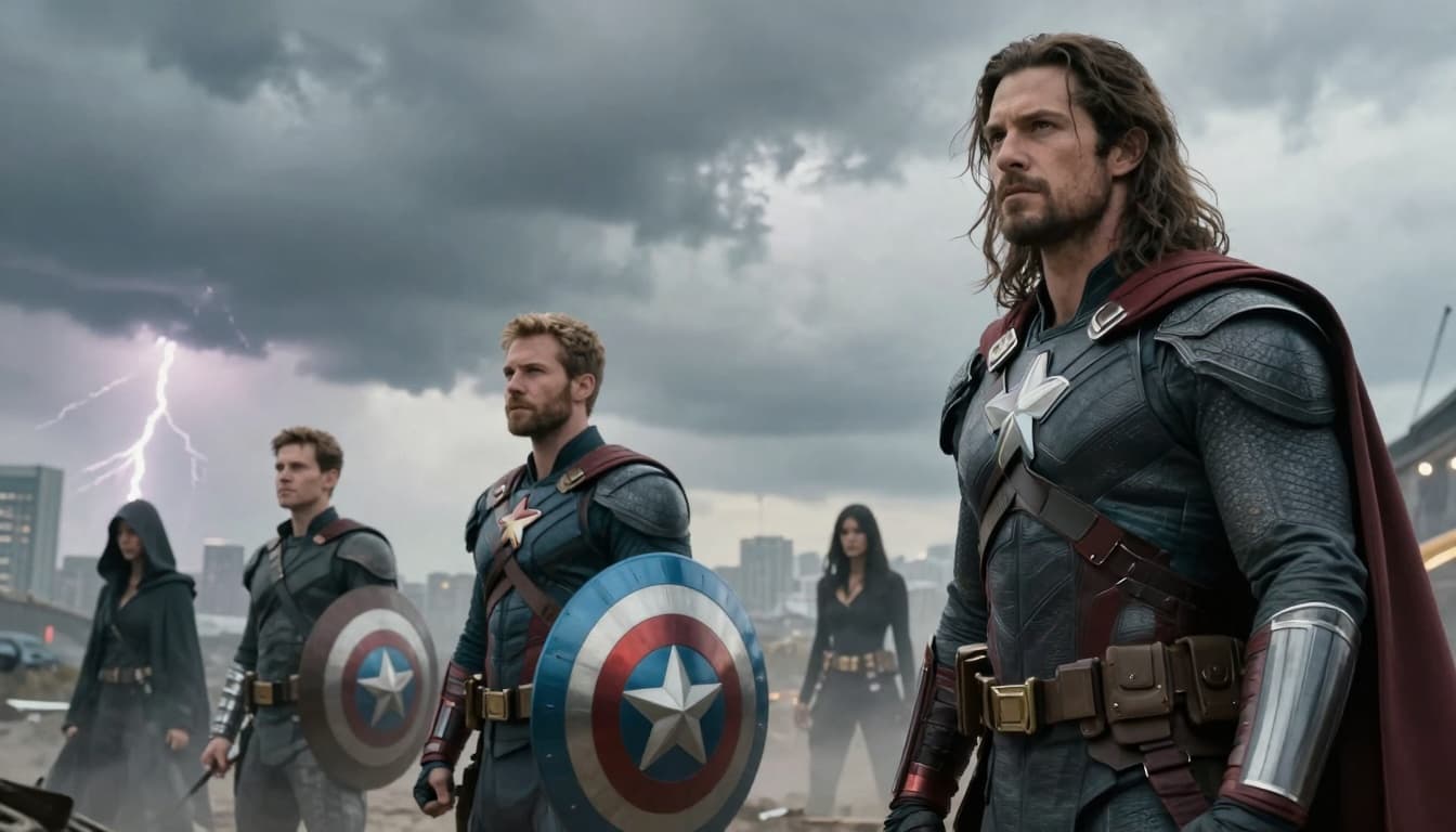 Epic ensemble of generic superhero-like figures on a stormy horizon