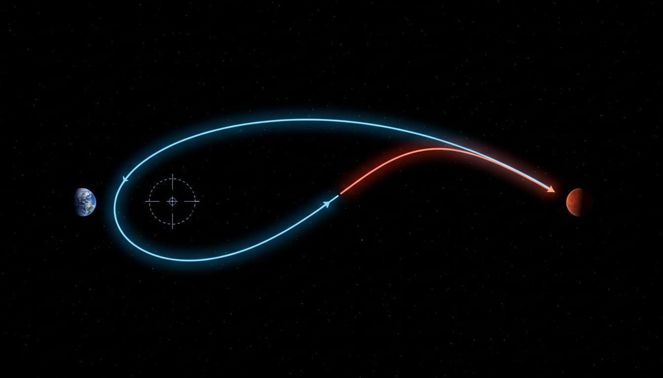 Conceptual illustration of the ESCAPADE mission trajectory from Earth through a loiter orbit toward Mars