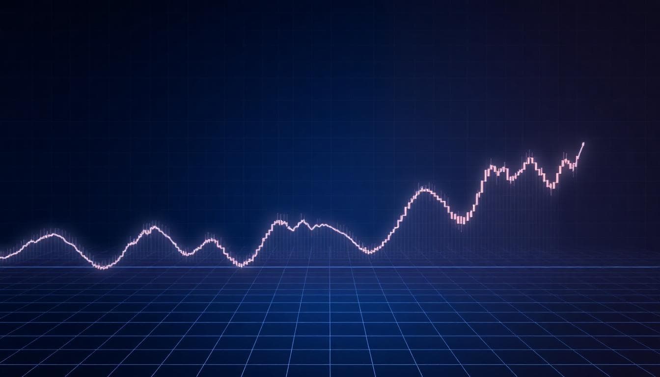 Abstract Ethereum weekly candlesticks rising with momentum overlays