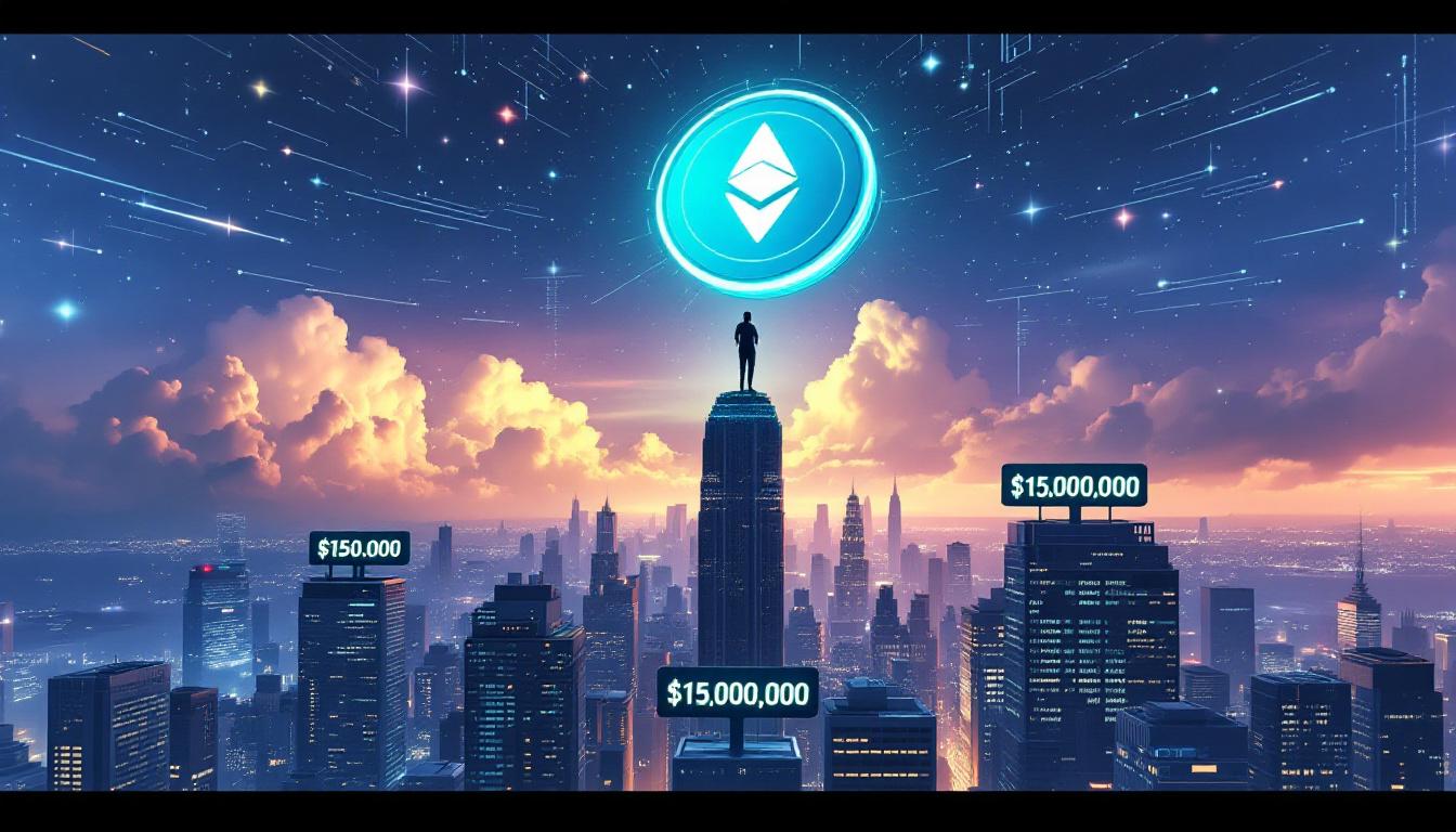 Featured: Dramatic, futuristic illustration of Ethereum (ETH) token soaring above skyscrapers, digital cityscape below, price tags reading $10,000, $15,000, and $1,500,000, blockchain graphics in the sky