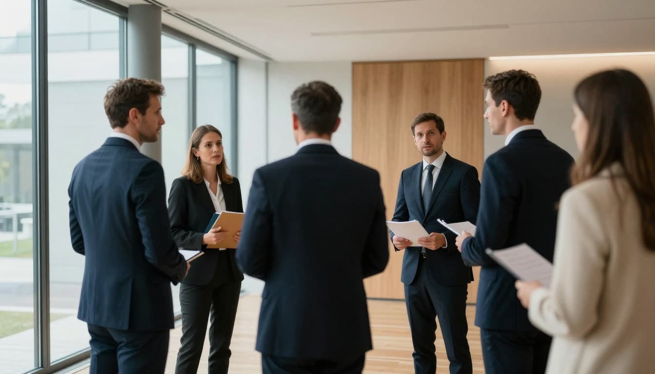 European diplomats speaking quietly in a hallway outside a meeting room