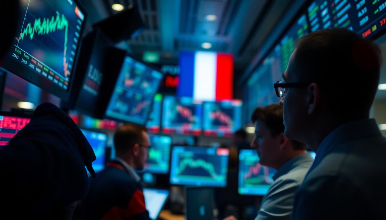 Traders watching European market screens with French flag overlay