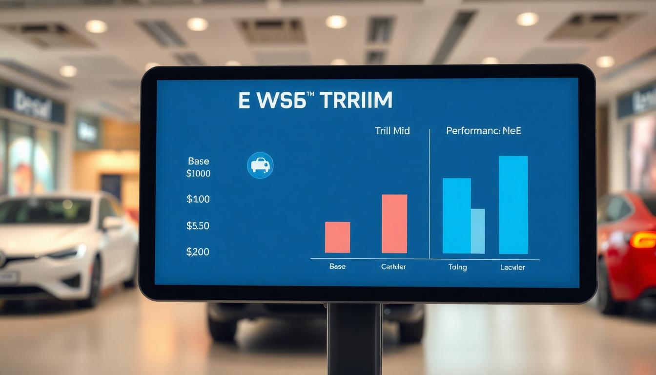 Conceptual pricing board with generic EV trim tiers in a showroom setting
