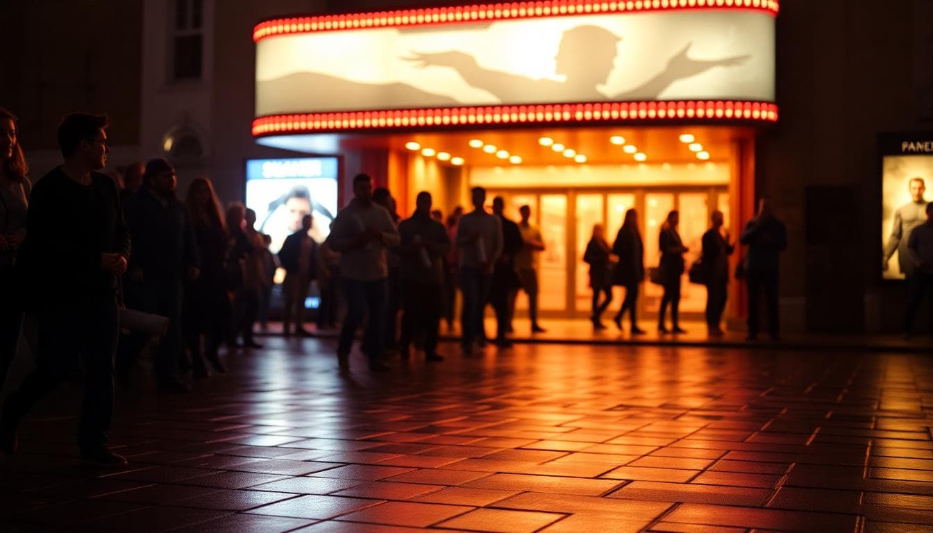 Fans in silhouette outside a glowing cinema entrance at night
